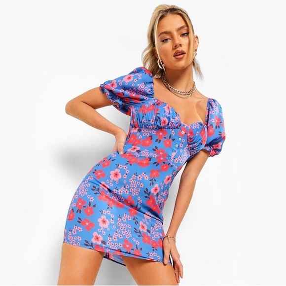NWT Boohoo Floral Puff Sleeve Mini Dress - Picture 1 of 11